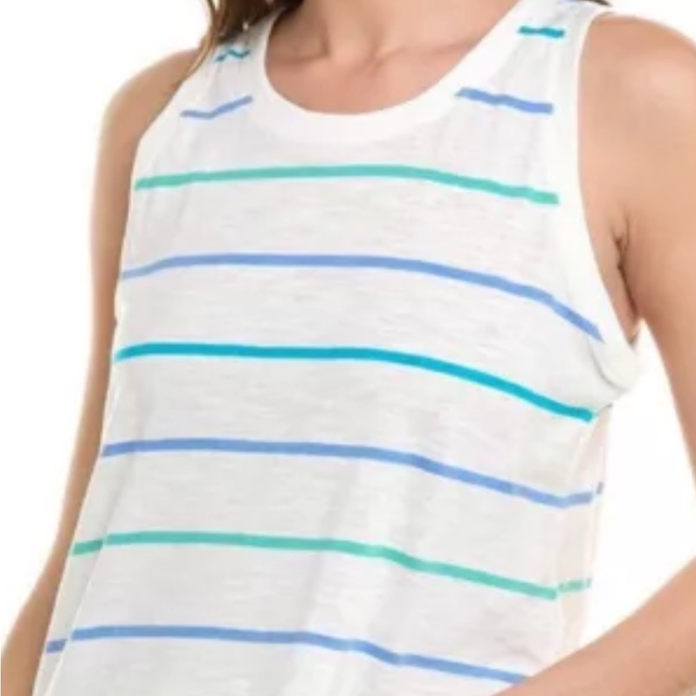 CAbi White Tank Top with Blue and Green Stripes